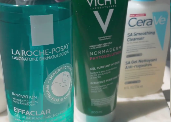 Three skincare products on a sunny countertop including La Roche-Posay Effaclar, Vichy Normader